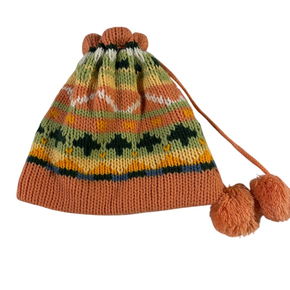 Knit Beanie Hat with Pom‎ Pom Drawstring Multicolor Winter